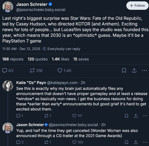 Jason Schreier Star Wars: Fate of the Old Republic utgivningsdatum förutsägelse (Bildkälla: skärmdump, Jason Schreier Bluesky-konto)