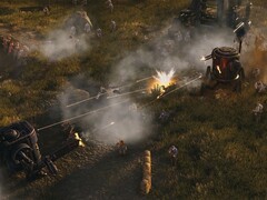 En bild som visar flera mechs i Iron Harvest, som för närvarande säljs på Steam.