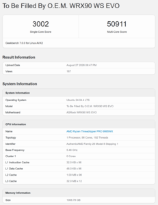 Threadripper Pro 9995WX Geekbench 7-resultat