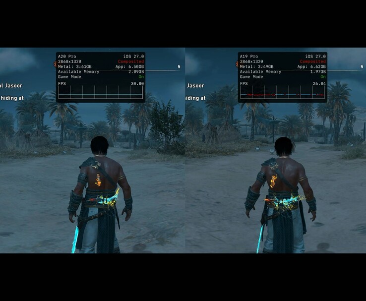 Assassin’s Creed Mirage körs på iPhone 18 Pro Max och iPhone 17 Pro Max, vilket visar skillnaden i FPS.
