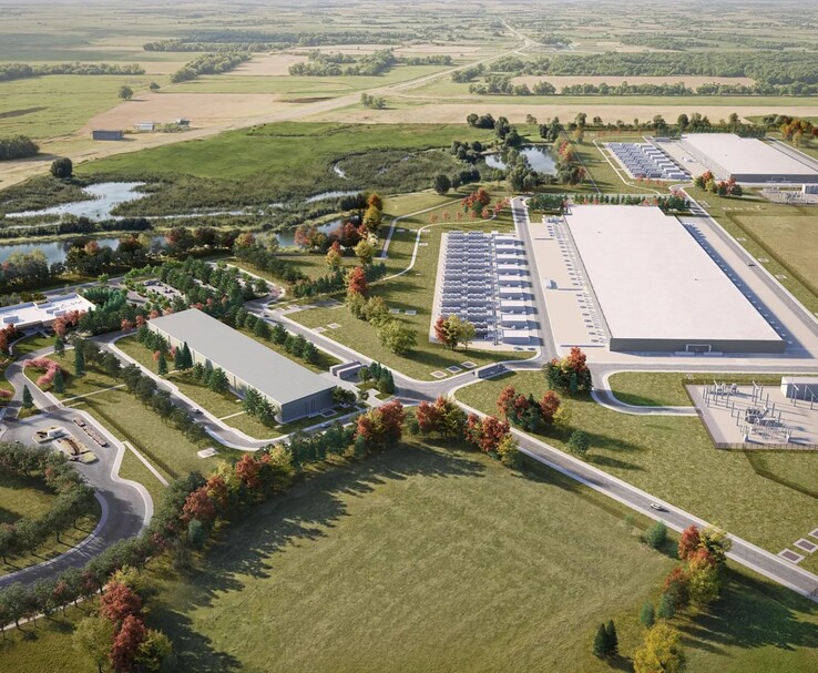 En bred flygbild som visar Metas planerade datacenter i Beaver Dam, Wisconsin, inklusive stora serverbyggnader, kylinfrastruktur, omgivande grönområden, vattendrag och närliggande transformatorstationer. (Bildkälla: Meta)