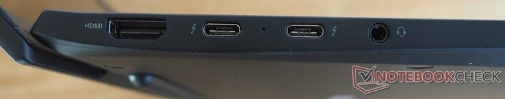 Vänster: HDMI, 2x USB-C 4 (Thunderbolt 4, DisplayPort, Power Delivery), ljud (headset/mikrofon)
