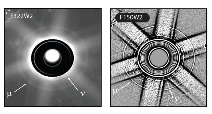 En bild som visar Uranus μ- och ν-ringar.