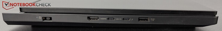 Vänster: Strömförsörjning, HDMI, USB-C med TB 4 (DP), USB-C (10 Gbps, PD 65-100W, DP), USB-A (10 Gbps, alltid på)