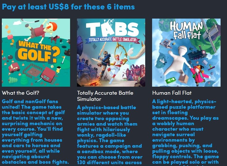 Spelaffischer och beskrivningar. Om du betalar $8 får du 6 av spelen (Bildkälla: Humble Bundle)
