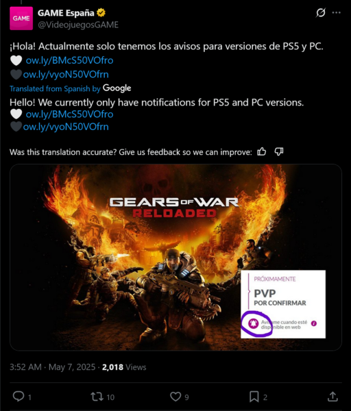Game Espana Gears of War: Reloaded X-post (Bildkälla: skärmdump, Game Espana X-konto)