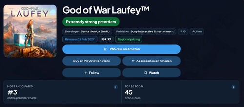 Förhandsbokningsrankningen för God of War Laufey på PlayStation Store visas