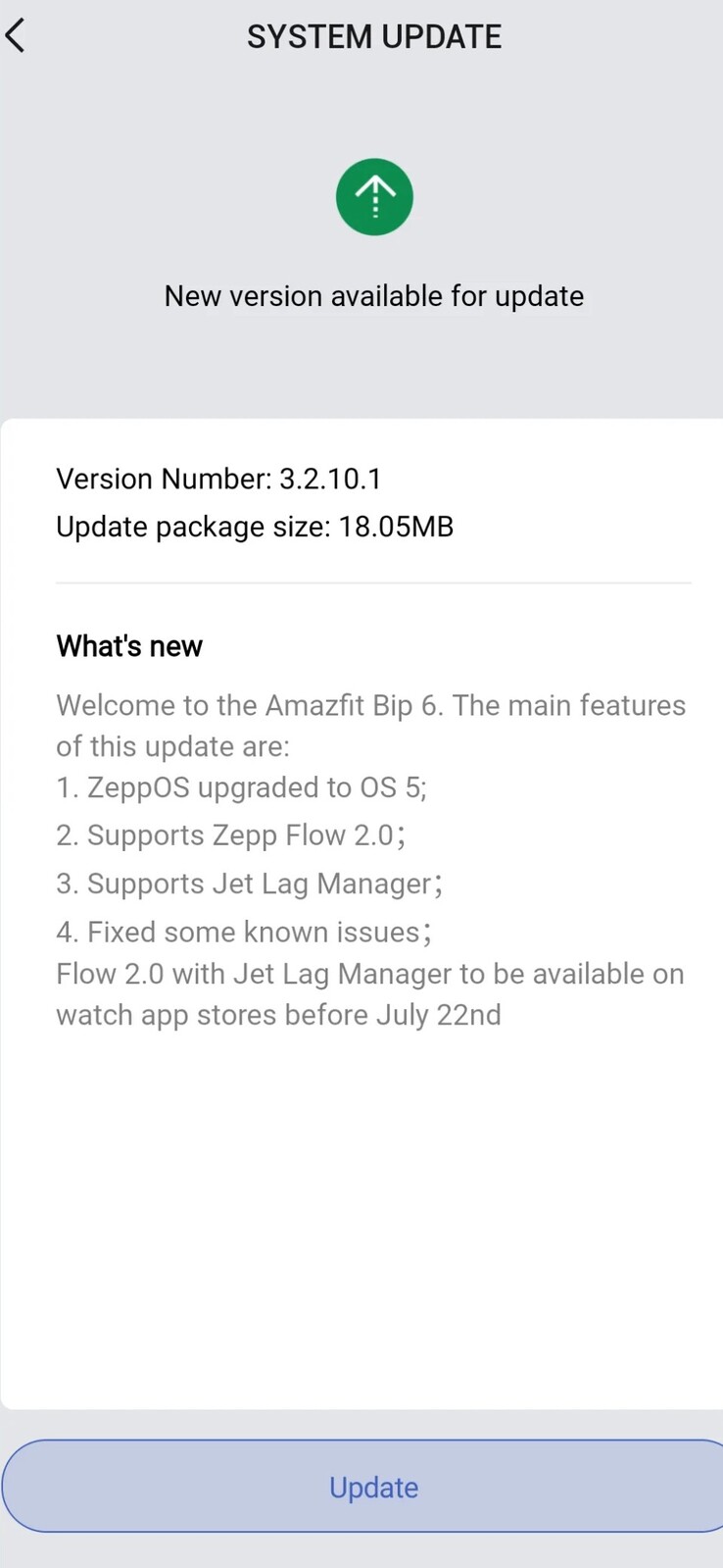 Release Notes för programvaruversion 3.2.10.1 för Amazfit Bip 6 smartwatch. (Bildkälla: Amazfit)