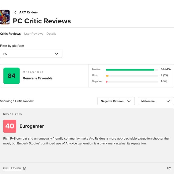 Genomsnittlig Arc Raiders recensionspoäng på Metacritic (Bildkälla: skärmdump, Metacritic)