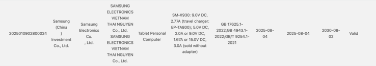 Tab S11 Ultra får 3C-certifiering. (Bildkälla: 3C-certifiering)