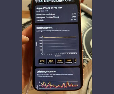 Apple iPhone 17 Pro Max visar 90,5% stabilitet i 3DMark Steel Nomad Stress Test benchmark resultat på skärmen (Bildkälla: u/T-K-Tronix via r/iphone)