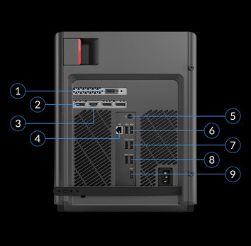 Baksidan: DVI, DisplayPort, HDMI, 3.5 mm ljud ut, RJ-45, 2x USB 2.0, 2 x USB 3.1 Gen. 2, 2 x USB 3.1 Gen. 1, AC-kabel