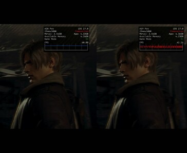 Resident Evil 4 körs på iPhone 18 Pro Max och iPhone 17 Pro Max, vilket visar FPS-skillnaden.