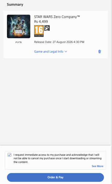 Popup-fönster för PlayStation Store India före köpet.