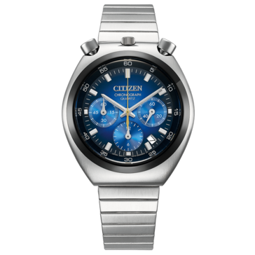 Framvy av Citizen Tsuno Chronograph AN3714-68L med en livfull blå urtavla med färggradient.