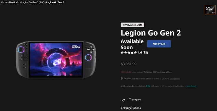 Legion Go 2 listad på Lenovos webbplats.