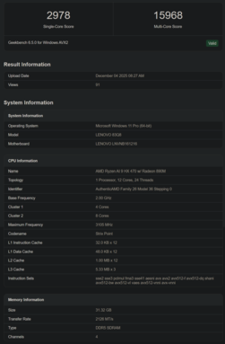 Ryzen AI 9 HX 470 Geekbench-lista (bildkälla: Geekbench)
