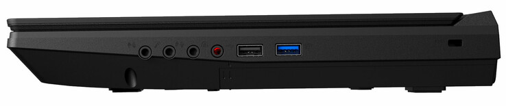 Höger: line-in, mikrofon-in, line-ut, 2-i-1 ljud (hörlurar + optisk S/PDIF), USB 2.0 Type-A, USB 3.1 Gen 1 Typ A, kabellås