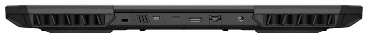 På baksidan: Plats för kabellås, mini Displayport 1.4a (G-Sync), USB 3.2 Gen 2 (USB-C), HDMI 2.1, Gigabit Ethernet, strömkontakt