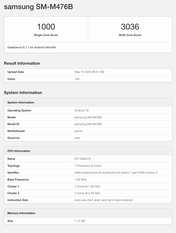 Geekbench-uppgifter om den förväntade Galaxy M47 5G.