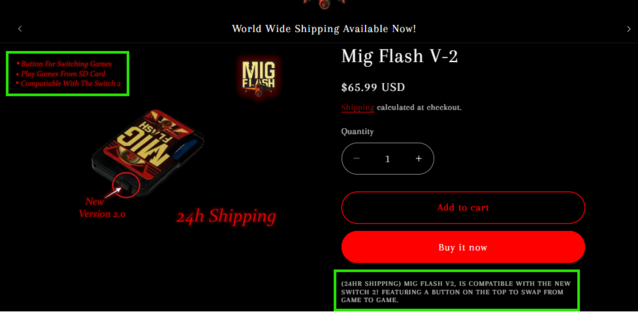 migflashunited.com hävdar kompatibilitet med Switch 2 på två olika platser på sin produktsida, trots att andra webbplatser inte gör något sådant påstående (Bildkälla: migflashunited.com)