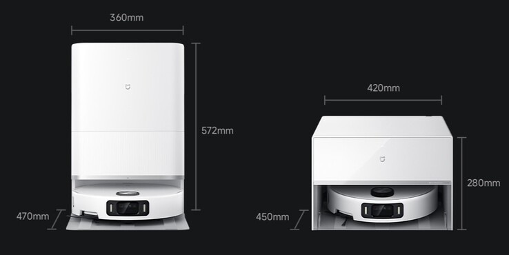 Måtten på Xiaomi Mijia Robot Vacuum Mop 5 Pro Water Tank Edition (vänster) och Water and Drain Version (höger). (Bildkälla: Xiaomi)
