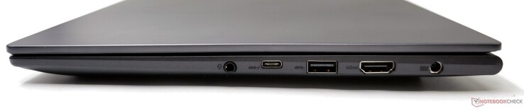 Höger: 3,5 mm kombinerat ljuduttag, USB 3.2 Gen2 Type-C (Power Delivery/DisplayPort), USB 3.2 Gen1 Type-A, HDMI 2.1 TMDS-utgång, DC-in