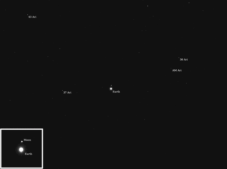 Bild av jorden och månen tagen med Psyche (Bildkälla: NASA, JPL-Caltech och ASU)