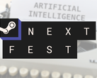 På bilden - Steam Next Fest-logotypen över en bild med en skrivmaskin och texten "Artificiell intelligens" på papperet.