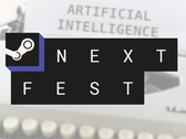På bilden - Steam Next Fest-logotypen över en bild med en skrivmaskin och texten "Artificiell intelligens" på papperet.
