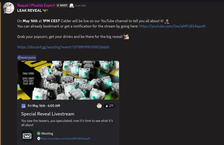 Wooting Discord-tillkännagivande för lansering av livestream den 16 maj