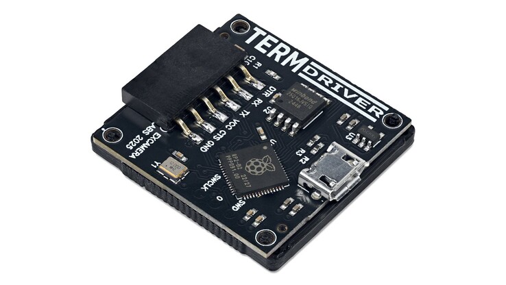 Bottenvy av TermDriver 2 USB-till-seriell-adapter med mikrokontrollern RP2040, mikro-USB-port, UART-huvud och stödkretsar