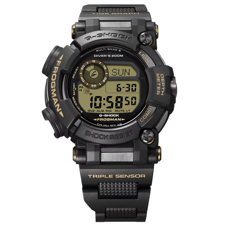 Casio G-Shock Frogman GWF-D1000BC-1JF med helt svart boett, beige detaljer och ett armband av en kombination av metall och harts.