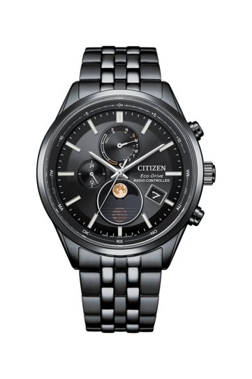 Citizen BY1035-56E Eco-Drive-klocka med månfasvisning, helt svart boett och armband i rostfritt stål, svart urtavla, analog månfasvisning, två hjälpurtavlor och datumfönster.