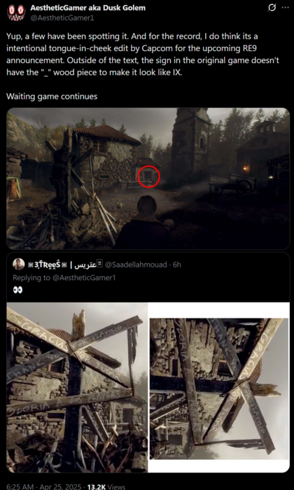 Dusk Golem Resident Evil 9 skylt kommentarer på X (Bildkälla: AestheticGamer aka Dusk Golem X-konto)