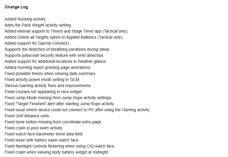 Version 9.20 release notes för Garmin Instinct 3 AMOLED smartwatch. (Bildkälla: Garmin)