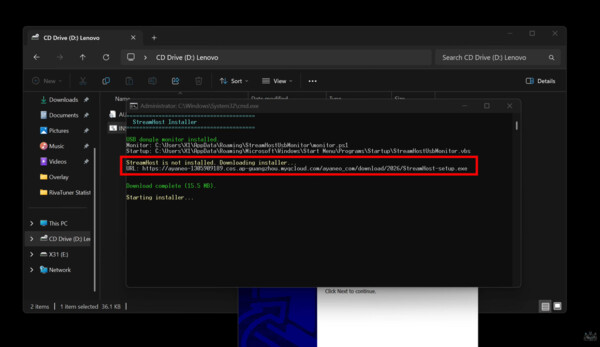 Lenovo Legion C700:s Streamhost-programvara för spel med låg latens laddas ner från en Ayaneo-server.