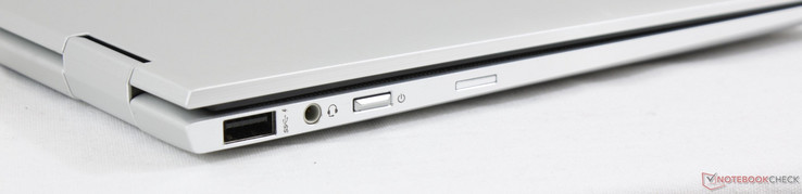 Vänster: USB 3.1 Typ A, 3.5 mm ljudanslutning, Startknapp, Plats för nano-SIM (tillval)