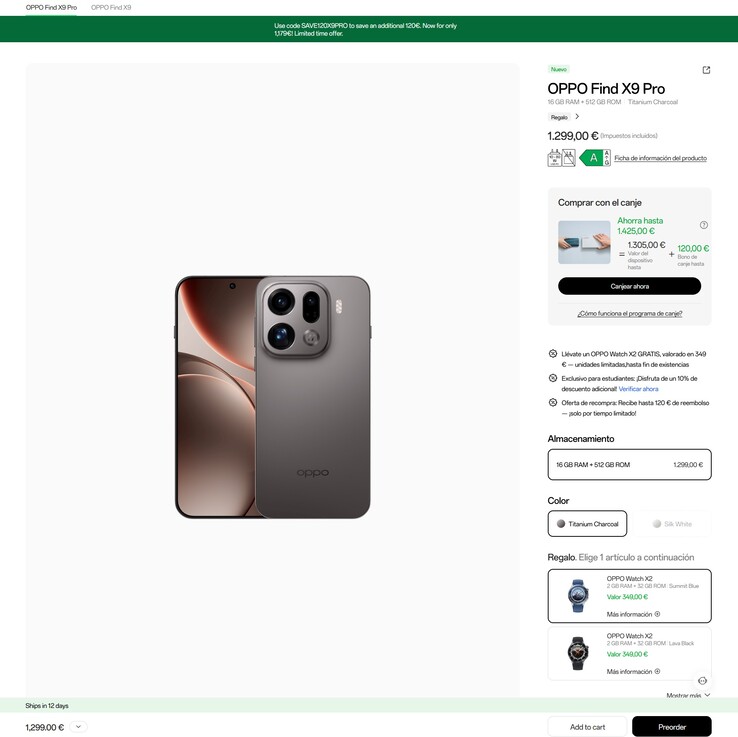 I Spanien får köpare en rabatt på 120 euro på Oppo Find X9 Pro och en gratis Oppo Watch X2.