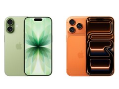 Sida-vid-sida-bild av den gröna iPhone 17 med dubbla kameror och den orange iPhone 17 Pro med trippelkameror. (Bildkälla: Apple)
