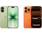 Sida-vid-sida-bild av den gröna iPhone 17 med dubbla kameror och den orange iPhone 17 Pro med trippelkameror. (Bildkälla: Apple)