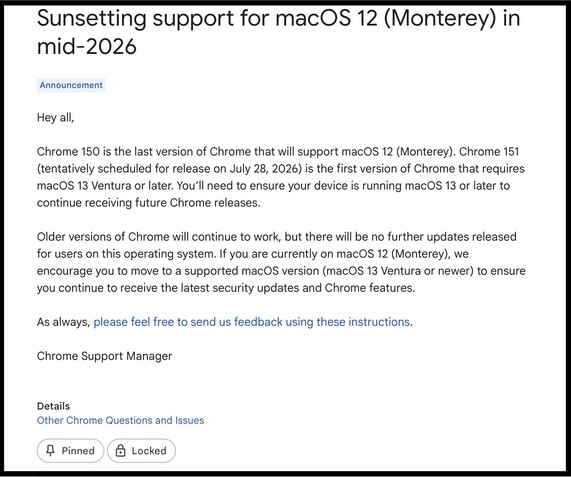 Chrome 150 kommer att vara den sista versionen av Google Chrome som stöder macOS Monterey.  (Bildkälla: Google)
