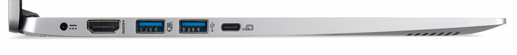 Vänster: nätadapter, HDMI, 3x USB 3.1 Gen 1 (2x Typ A, 1x Typ C)