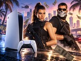 GTA 6-karaktärer bredvid en PS5 och en DualSense-handkontroll.