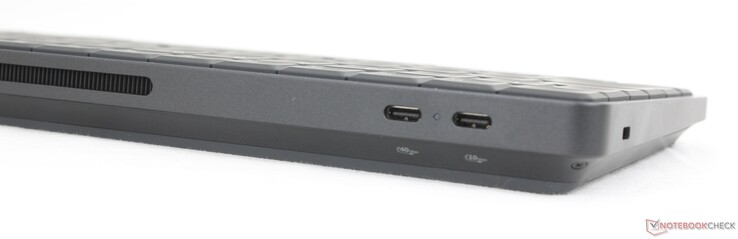 På baksidan: USB-C 4.0 med DisplayPort 2.1 + Power Delivery (40 Gbps), USB-C 3.2 Gen. 2 med DisplayPort 1.4 + Power Delivery (10 Gbps)