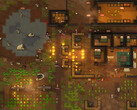 Skärmbild från RimWorld som visar en koloni under attack, med bränder, djur och byggnader.
