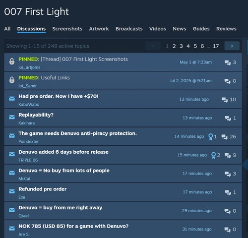 Denuvo klagomål i 007 First Light Steam forum