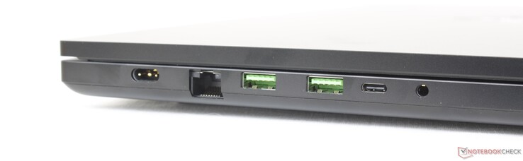 Till vänster: AC-adapter, RJ-45 med 2,5 Gbps, 2x USB-A 3.2 Gen. 2, USB-C med Power Delivery + DisplayPort 1.4, 3,5 mm headset