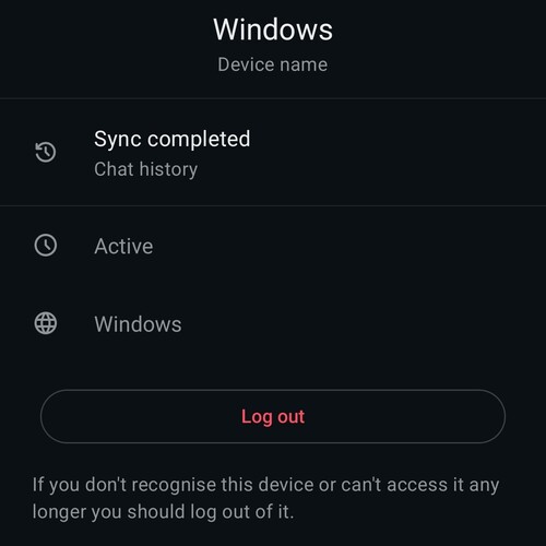 Detaljvy av en ansluten WhatsApp-enhet som visar enhetens namn, dess status och en röd utloggningsknapp