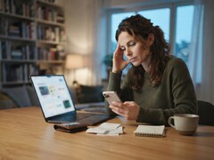 En kvinna vid ett skrivbord tittar på sin smartphone; bredvid den ligger en bärbar dator, kvitton och ett anteckningsblock